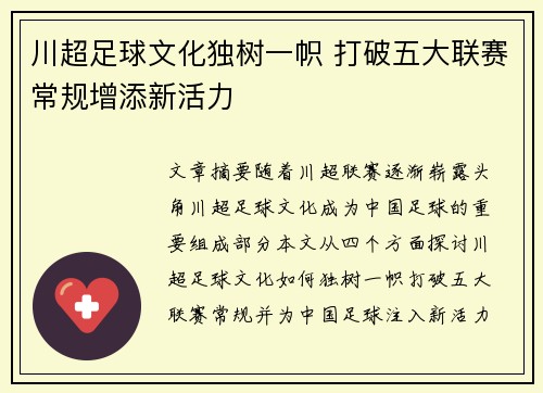 川超足球文化独树一帜 打破五大联赛常规增添新活力 川超足球文化独树一帜 打破五大联赛常规增添新活力