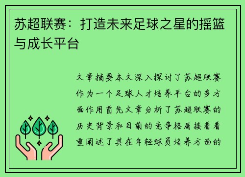 苏超联赛:打造未来足球之星的摇篮与成长平台 苏超联赛:打造未来足球之星的摇篮与成长平台