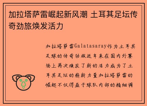 加拉塔萨雷崛起新风潮 土耳其足坛传奇劲旅焕发活力 加拉塔萨雷崛起新风潮 土耳其足坛传奇劲旅焕发活力